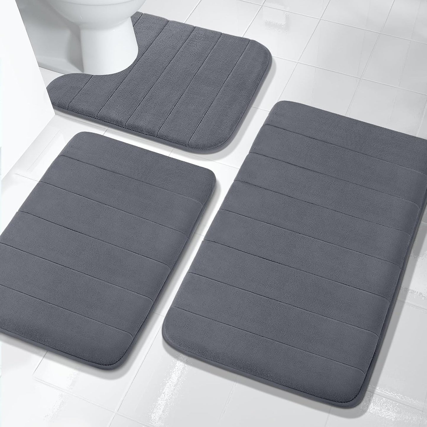 3 Pieces Memory Foam Bath Mat Set with U-Shaped Toilet Rug - Non Slip Super Soft Absorbent Quick Dry Bathroom Rugs for Bathtub, Vanity & Toilet Base, Beige