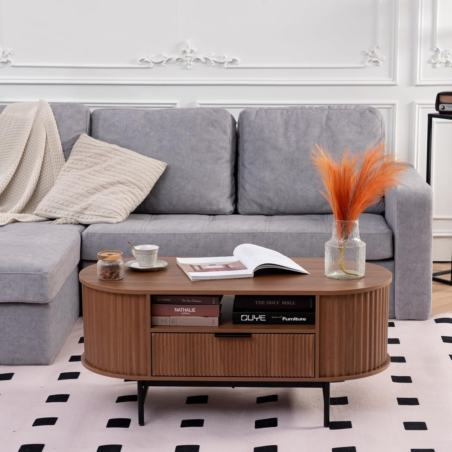 Modern Fluted Coffee Table, 42'' Oval Coffee Table with Drawer, Curved Wooden Center Table with Black Metal Legs for Living Room, Walnut