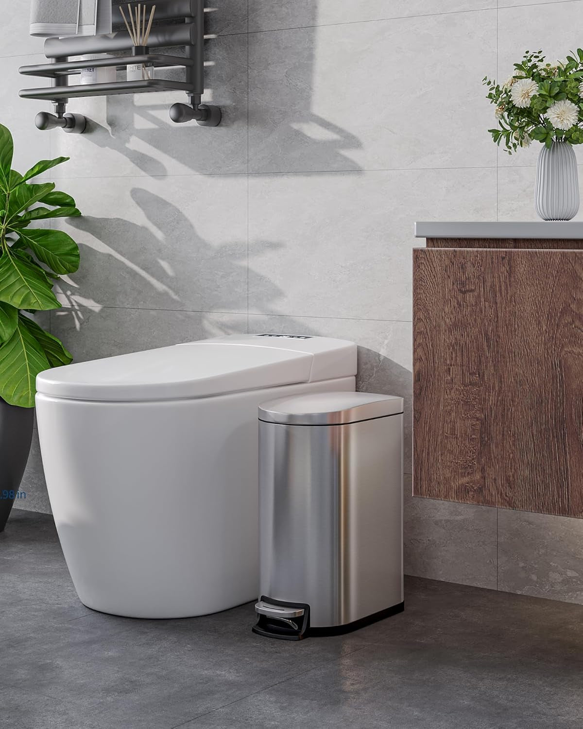 2.6 Gallon / 10 L Stainless Steel Bathroom Trash Can with Lid, Slim Waterproof Garbage Can for Bedroom, Small Step-On Metal Trash Bin with Inner Bucket, Rear Handle, Soft Close Lid, Silver