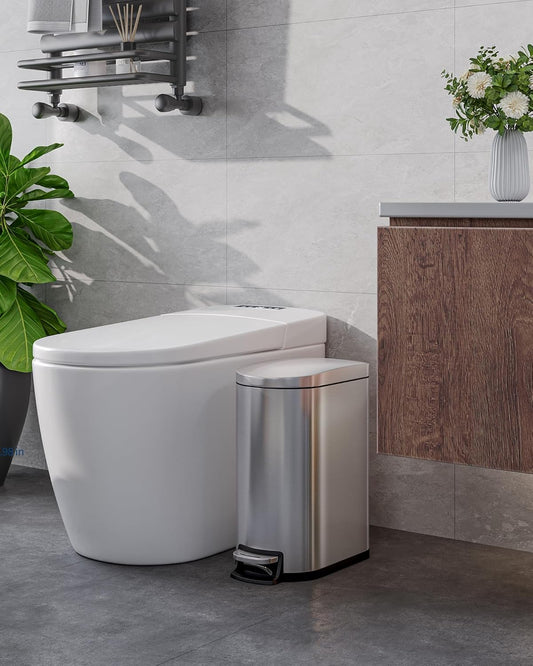 2.6 Gallon / 10 L Stainless Steel Bathroom Trash Can with Lid, Slim Waterproof Garbage Can for Bedroom, Small Step-On Metal Trash Bin with Inner Bucket, Rear Handle, Soft Close Lid, Silver