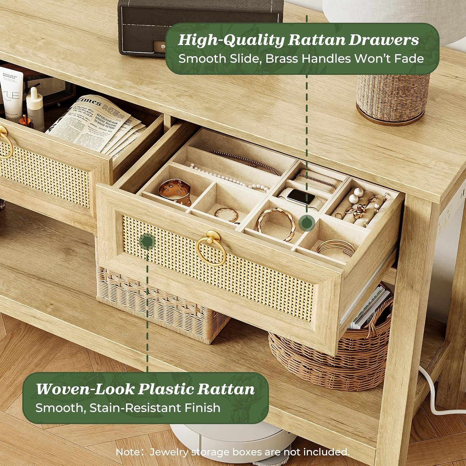 Rattan Console Sofa Table with Outlets and USB-C Port, 3 Drawer Entryway Table with Synthetic Rattan Surface, Open Shelf, behind Couch Entry Foyer Hallway Storage, Natural