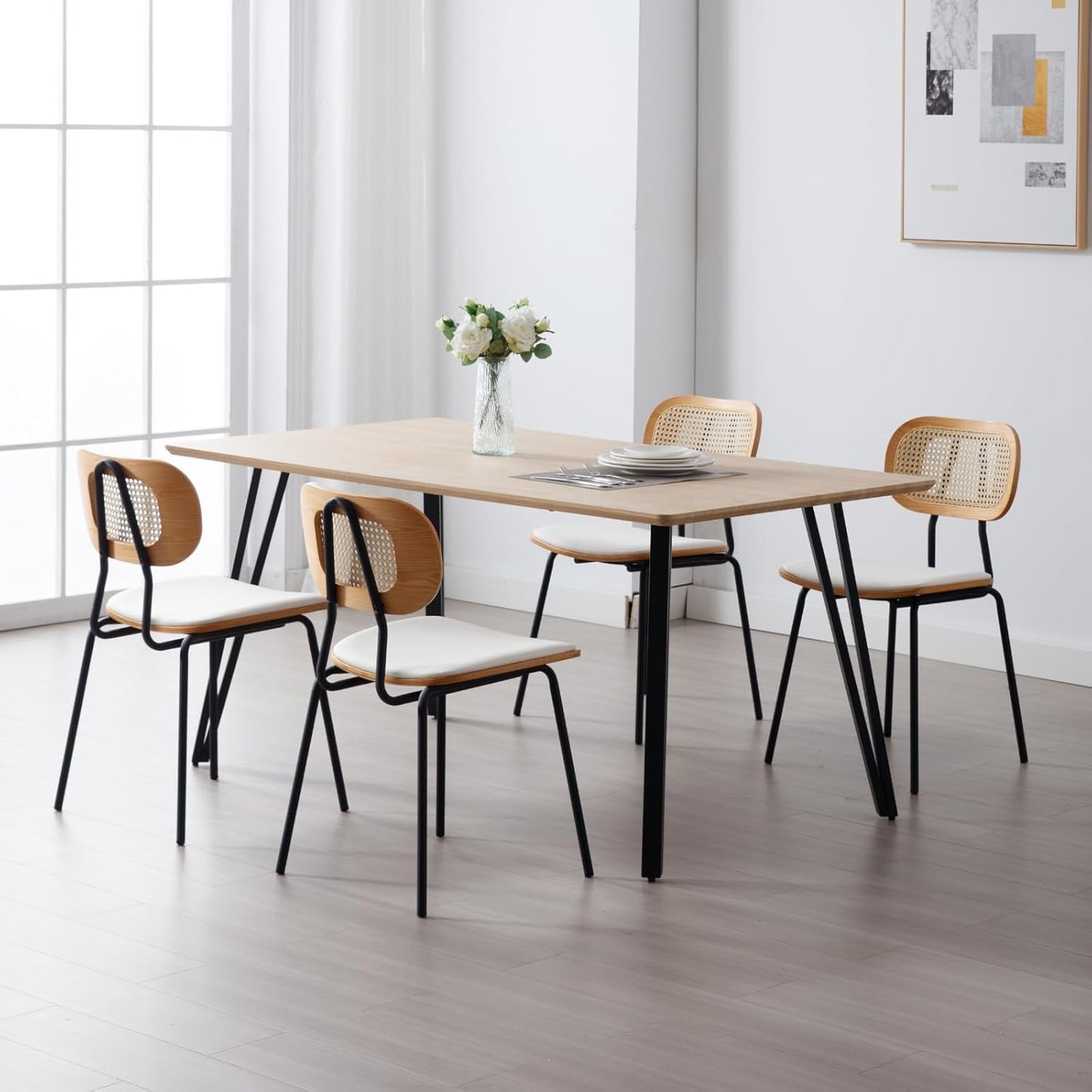 Dining Chairs Set of 2, Upholstered Faux Leather Rattan Dining Chairs with Backrest and Metal Legs, Armless Kitchen Rattan Chairs for Dining Room, White