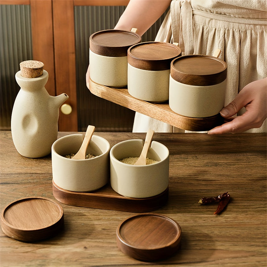 Minimalist Ceramic Spice Jar Set with Wooden Lid &amp; Spoon