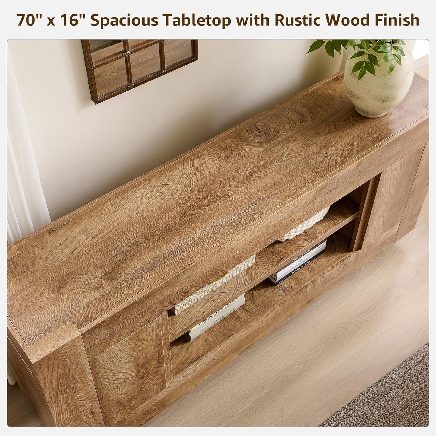 Modern 70" TV Stand, Entertainment Center for Tvs up to 80", Media Console with Large Open Storage & Side Cabinets, Thick Wood Design for Living Room, Light Knotty Oak