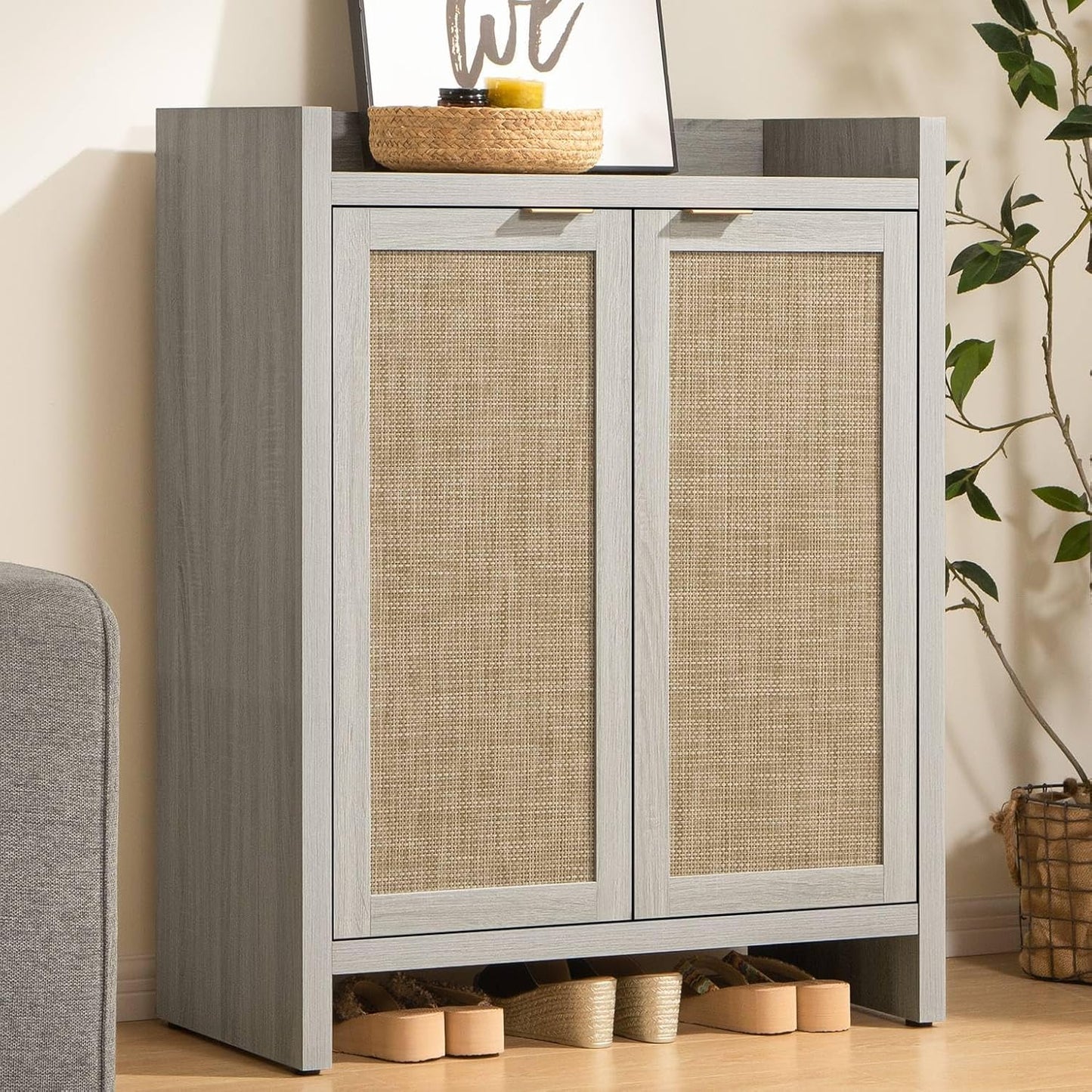 Shoe Cabinet, 24 Pair Shoe Storage Organizer Cabinet, 41" Tall Rattan Shoe Cabinet with Doors and Shelves, 6-Tier Farmhouse Boho Wooden Storage Cabinet for Entryway Hallway Closet