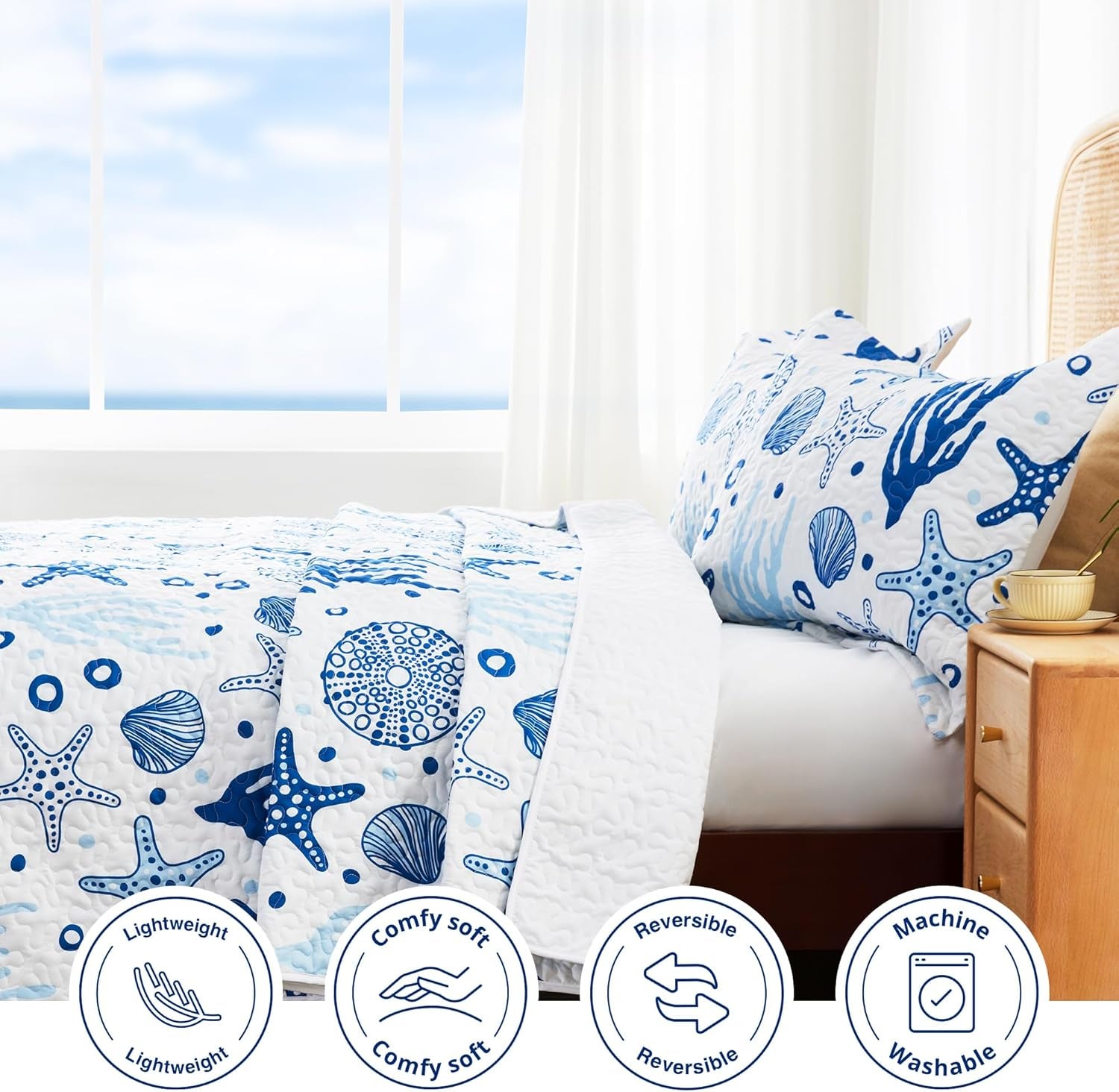 Twin Quilt Bedding Set Coastal White Bedspreads - Soft Bed Summer Beach Nautical Quilt Lightweight Bedspread- Reversible Bedding Coverlet for All Season - 2 Piece (1 Quilt, 1 Pillow Sham)