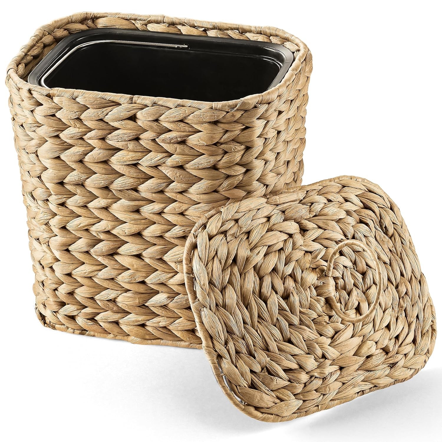 2 Gallons Wicker Waste Basket with Lid - Large Wicker Trash Can for Office - Waste Basket for Bedroom, Bathroom, Kitchen, Living Room - Boho Handwoven Trash Cans for Garbage (2 Gallons)