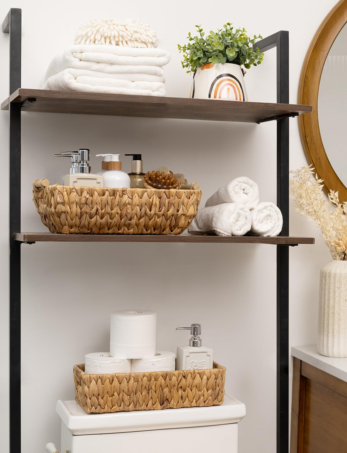 Hand-Woven Large Storage Baskets with Wooden Handles, Water Hyacinth Wicker Baskets for Organizing, 2-Pack