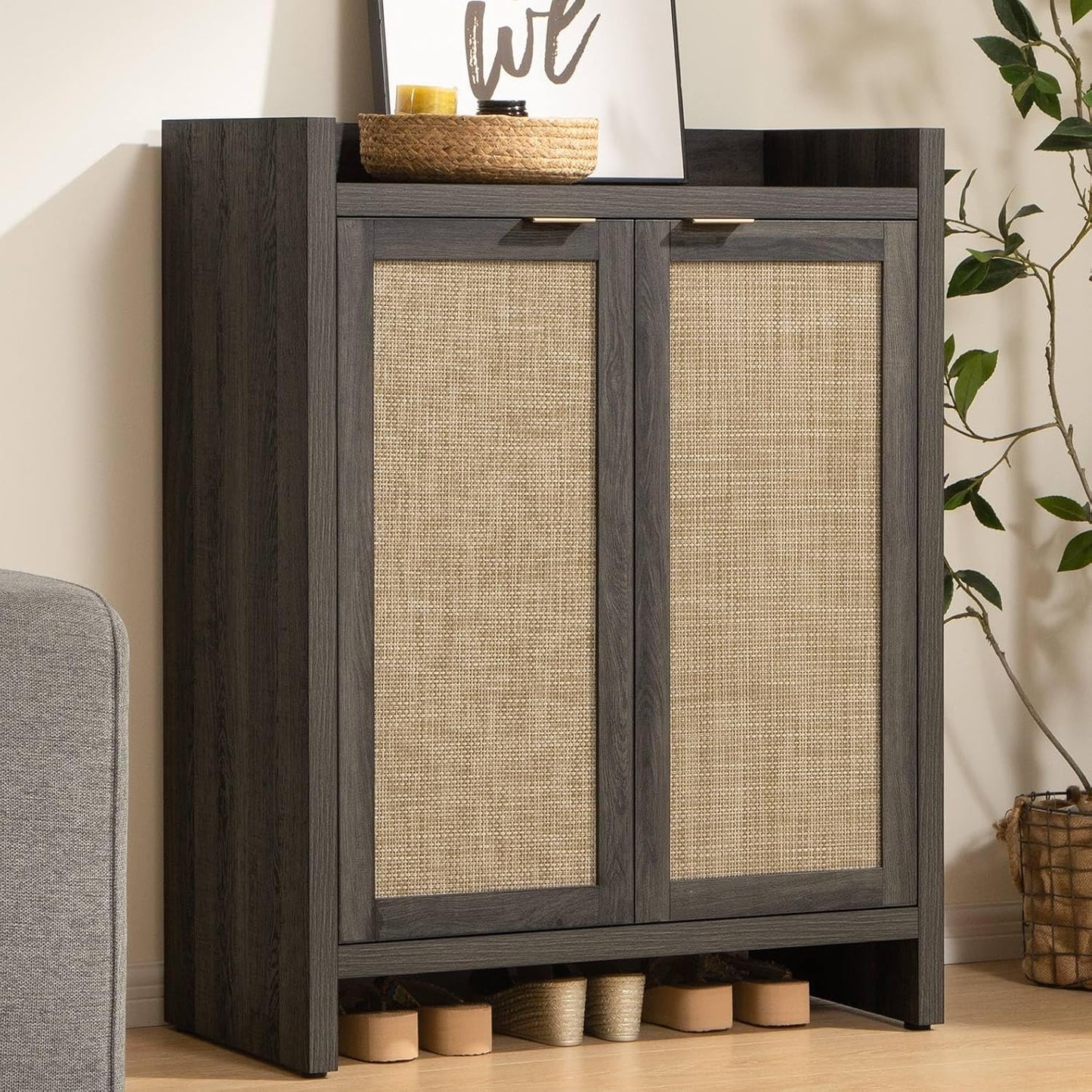 Shoe Cabinet, 24 Pair Shoe Storage Organizer Cabinet, 41" Tall Rattan Shoe Cabinet with Doors and Shelves, 6-Tier Farmhouse Boho Wooden Storage Cabinet for Entryway Hallway Closet