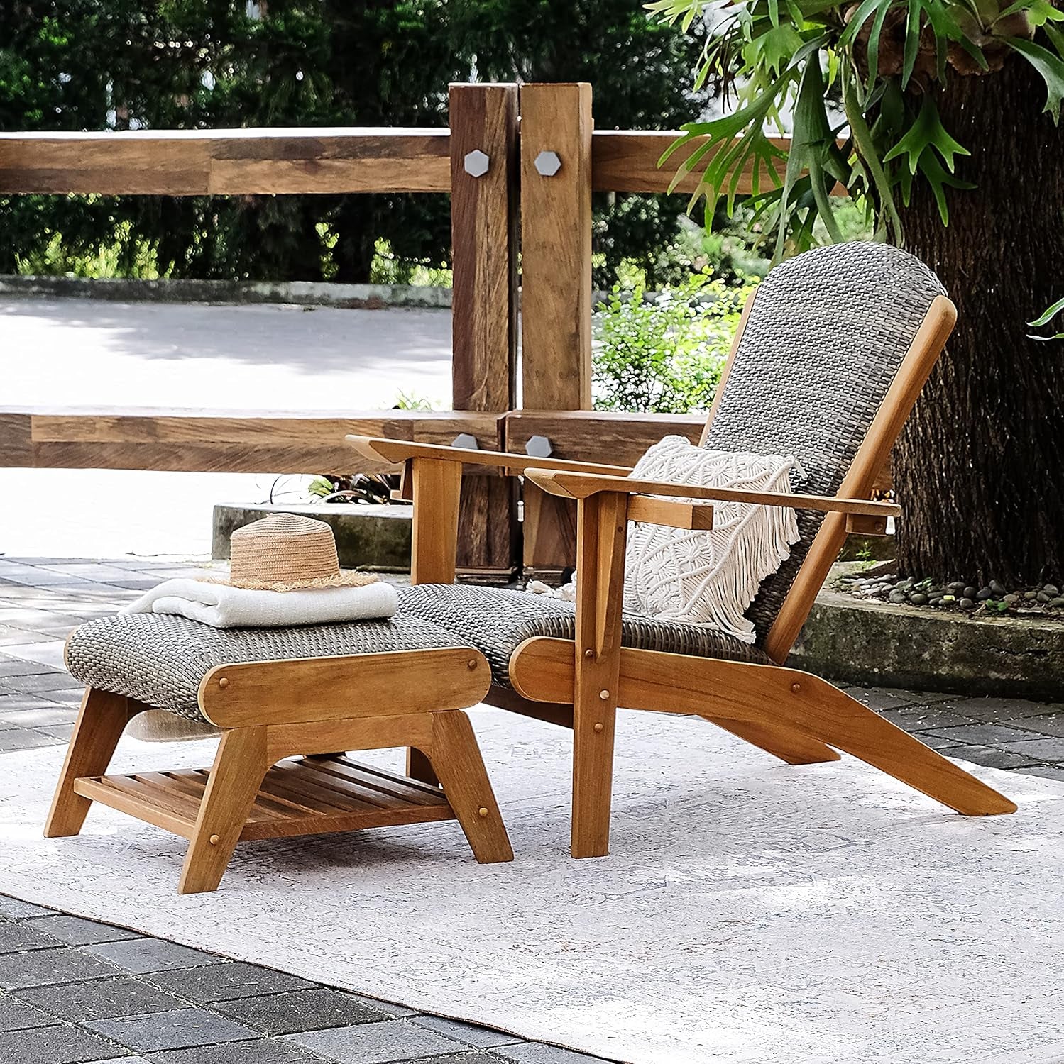 Auburn Padded Upholstered Outdoor Adirondack Chair, Teak Wood and All-Weather Wicker