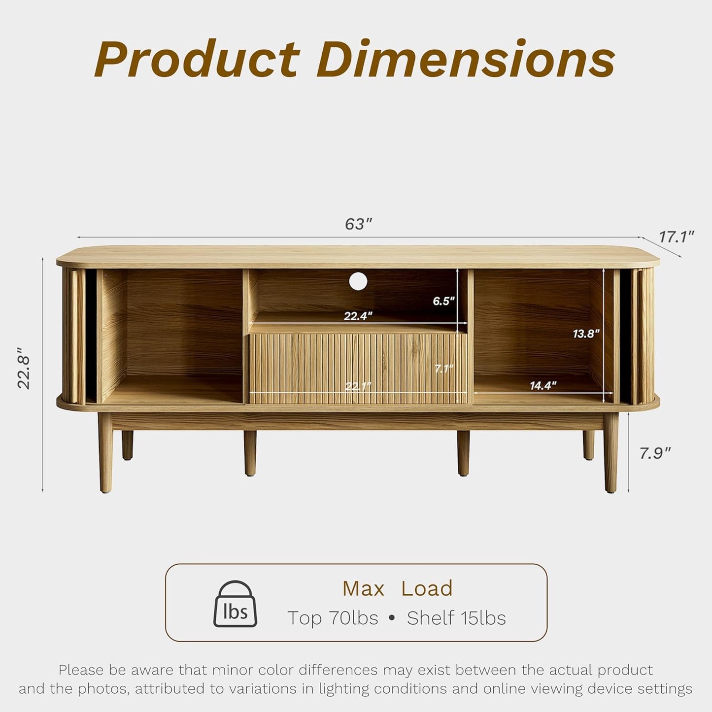 Modern TV Stand for 45/55/70 Inch TV, Entertainment Center with Sliding Doors and Storage, Wood TV Stand for Bedroom, Living Room, Natural