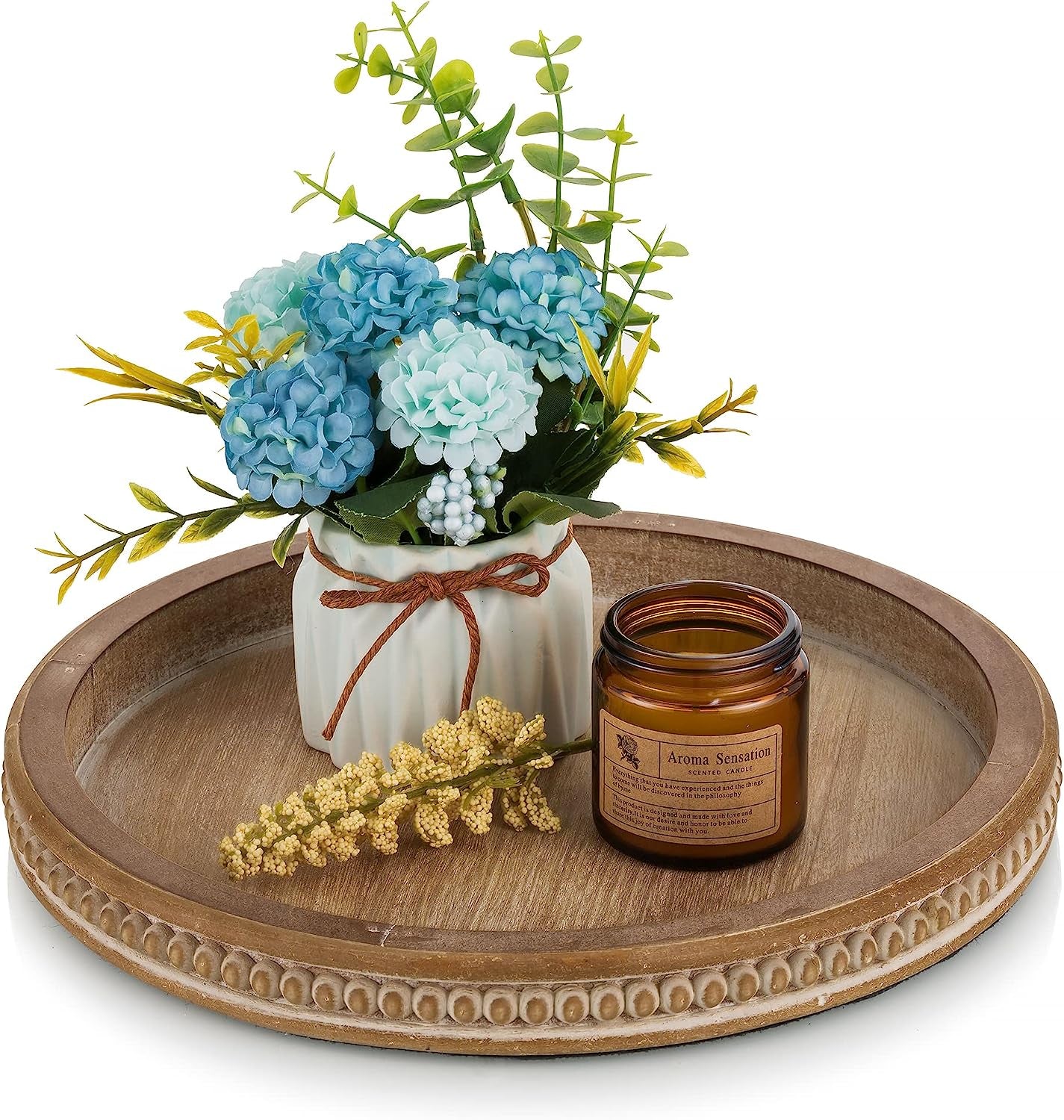 Decorative Serving Tray Wood: White Washed Bead round Tray Decor for Coffee Table Rustic Wooden Trays Farmhouse Centerpiece for Living Room Kitchen Counter
