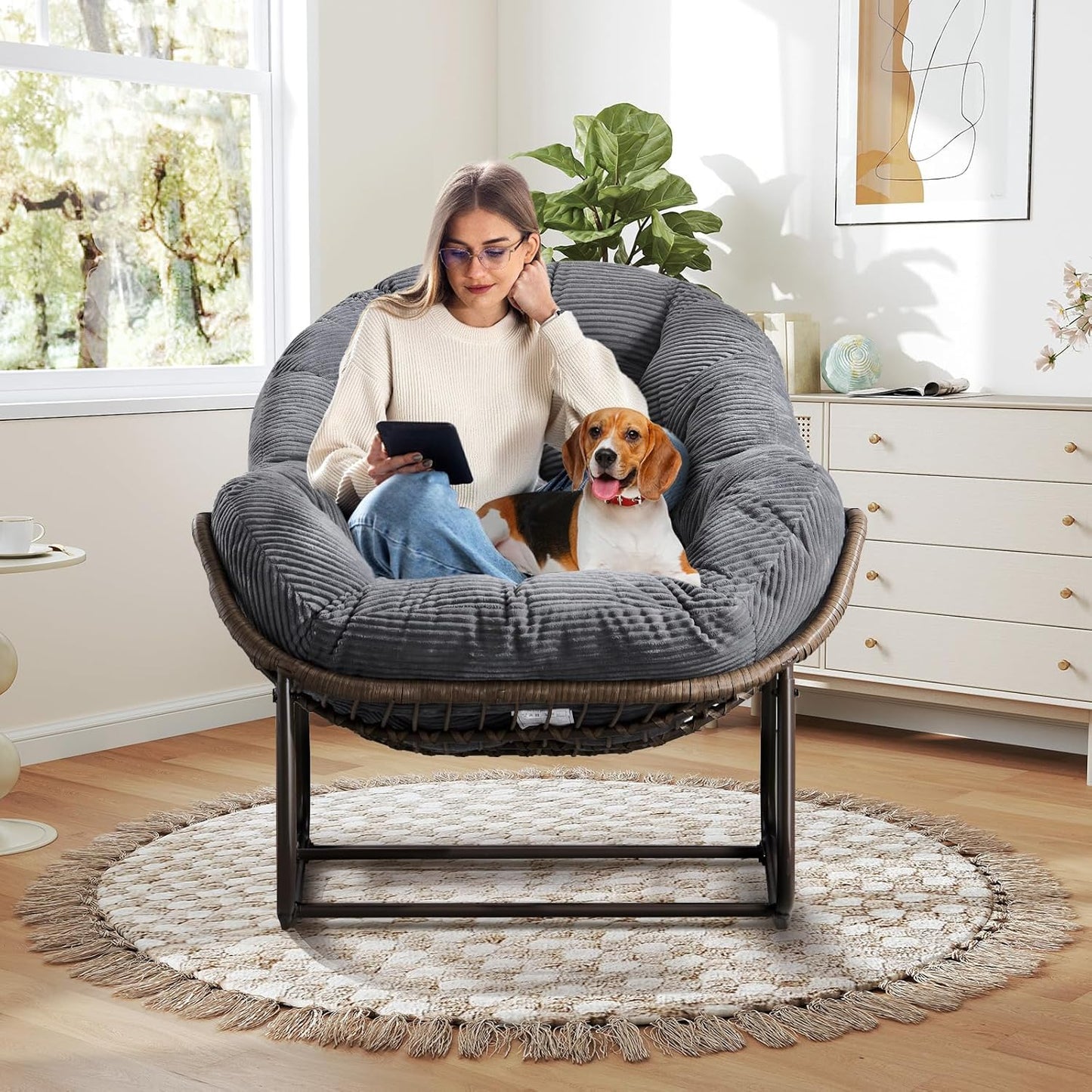 Large Indoor Outdoor Rocking Chair, Oversized Rocking Papasan Chair with Thick Cushion and Frame Outdoor Rocker, Comfy Wicker Egg Chairs Lounge for outside Porch Patio Backyard Balcony (Beige)