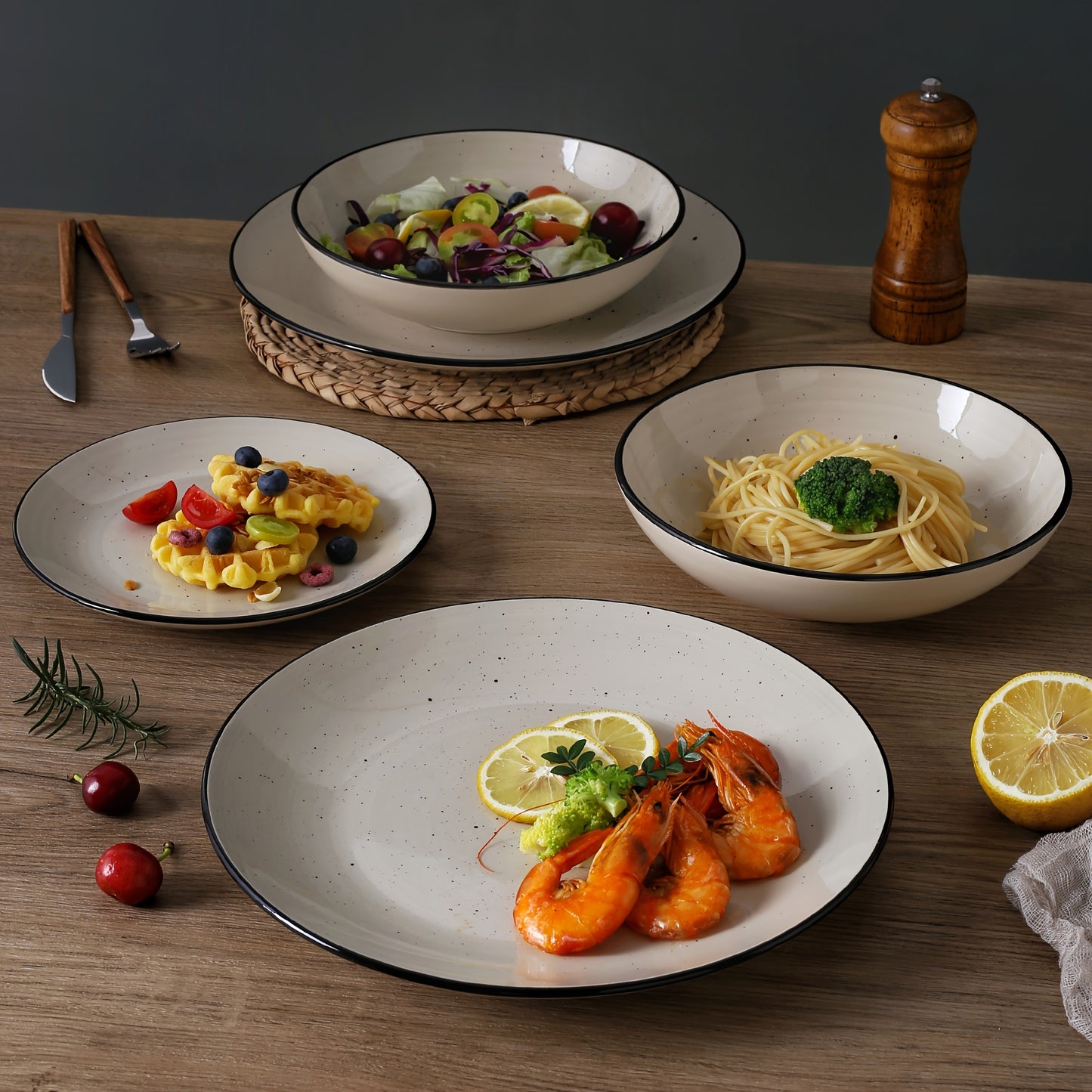 18-Piece Stoneware Dinnerware Set – Modern Round Plates &amp; Bowls