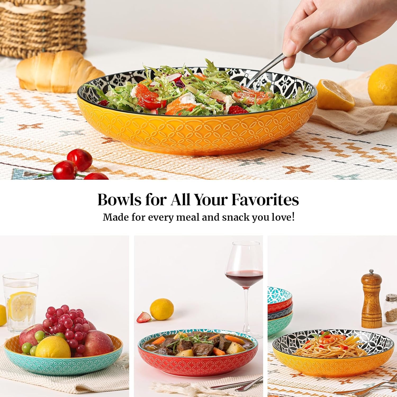 10" Vibrant Pasta, Salad & Soup Serving Bowls Set of 4, Embossed Large Porcelain Ceramic, Microwave & Dishwasher Safe, Bonita Design Dinnerware Dishes for Daily Dining, Family Gatherings, Party