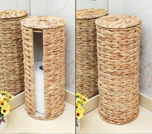 4 Mega Rolls Extra Toilet Paper Storage with Lid and Liner, Water Hyacinth Ratten Toilet Paper Holder Basket Stand, Decorative Boho Covered Enclosed Toilet Tissue Organizer for Bathroom