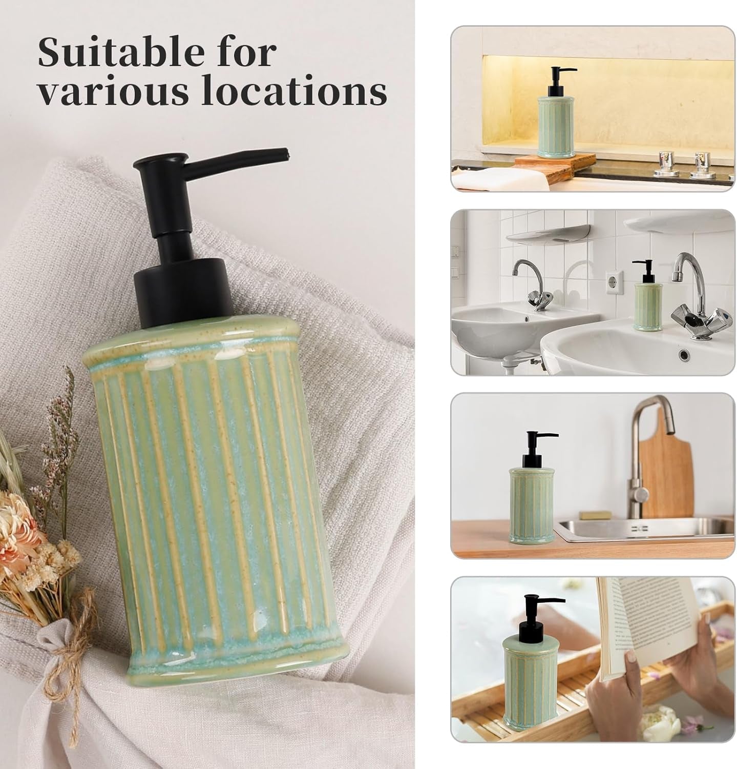 Soap Dispenser, Ceramic Liquid Dish Soap Dispenser 11.84OZ, Hand Soap Dispenser for Kitchen Bathroom, Refillable Shower Soap Dispenser, Light Green,