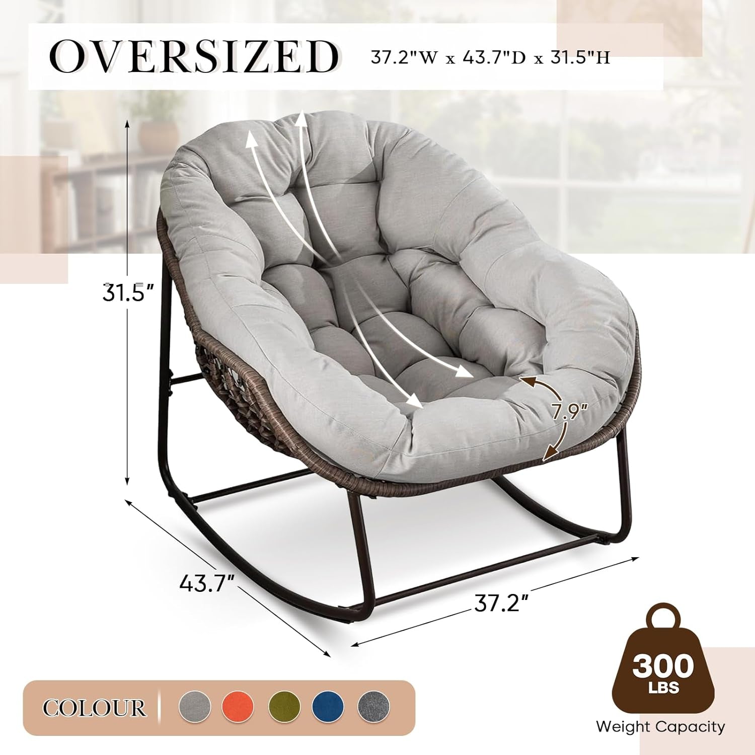 Large Indoor Outdoor Rocking Chair, Oversized Rocking Papasan Chair with Thick Cushion and Frame Outdoor Rocker, Comfy Wicker Egg Chairs Lounge for outside Porch Patio Backyard Balcony (Beige)