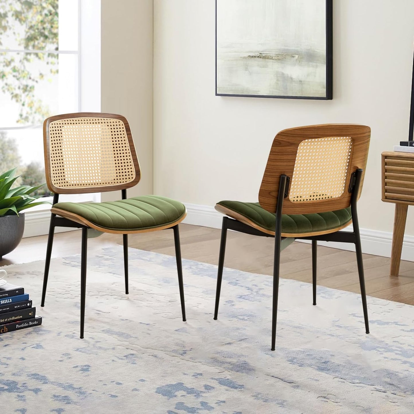 Dining Chairs Set of 2 Mid Century Modern Retro Faux Leather Chair with Walnut Bentwood Upholstered Seat Metal Legs Chairs,Adjustable Foot for Kitchen Dining Room Chairs(Green)