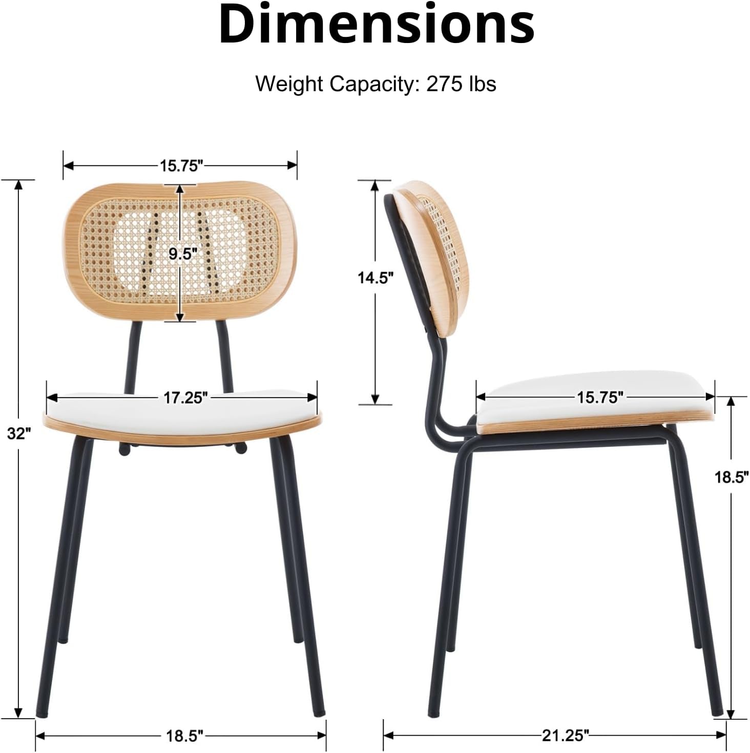 Dining Chairs Set of 2, Upholstered Faux Leather Rattan Dining Chairs with Backrest and Metal Legs, Armless Kitchen Rattan Chairs for Dining Room, White