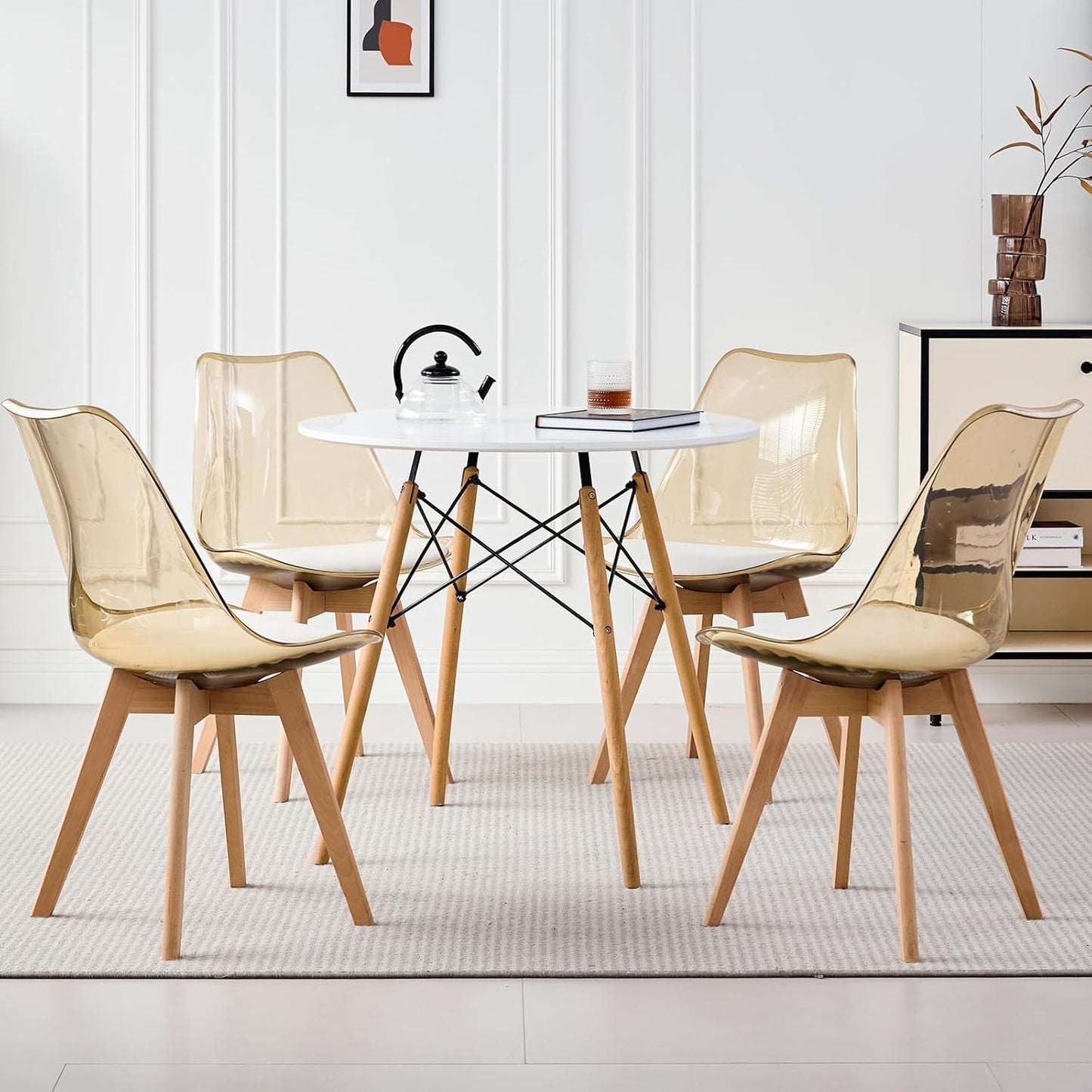 5-Piece round Dining Table Set, Small 31.5" Kitchen Table Chairs Set of 4 Space Saving Furniture, Plastic Seats, Solid Wood Legs, for Living Room Apartment Office Home, Green