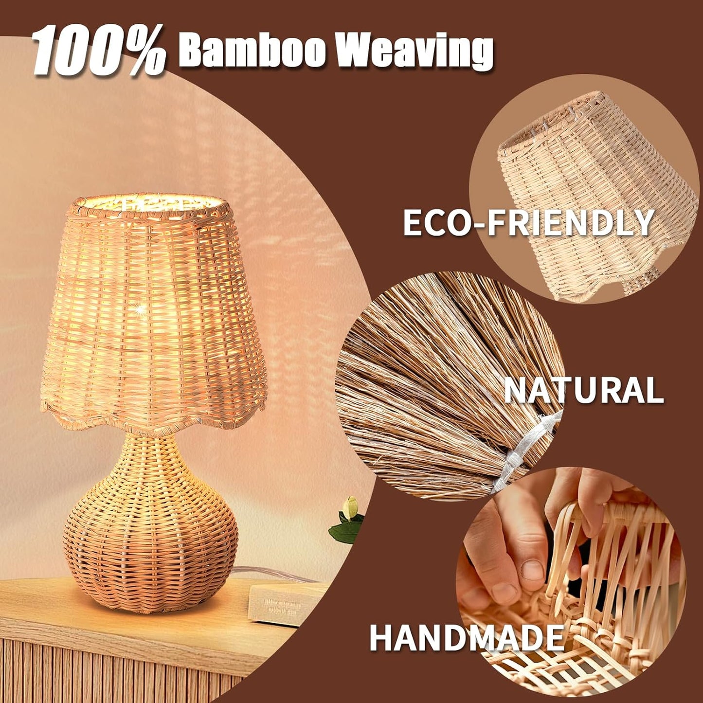 Rattan Small Bedside Table Lamp for Bedroom, Boho Mini Table Lamps for Nightstand, Farmhouse Small Table Lamps for Small Spaces for Kitchen Counter, Bookshelf, Bedroom, Kids Dorm