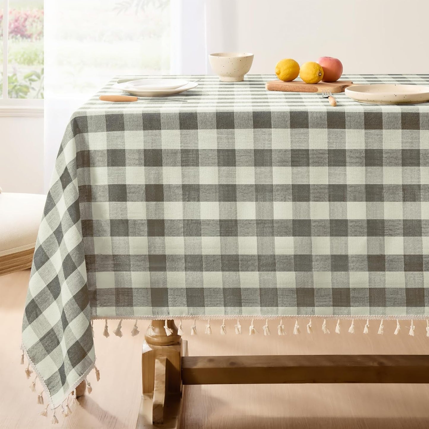 Checkered Tablecloth Rectangle, Heavy Weight Linen Gingham Christmas Table Cloth with Tassel, Washable Wrinkle Free Buffalo Plaid Table Cover for Dining/Party/Home - 55 X 84 Inch, Sage