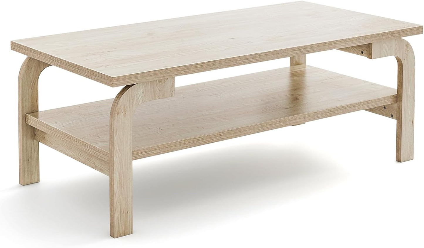 2-Tier Coffee Table with Storage, 47” Mid Century Rectangle Accent Table with Open Shelf, Large Tabletop & Curved Legs, Rustic Style Wood Cocktail, Center Table for Living Room, Natural