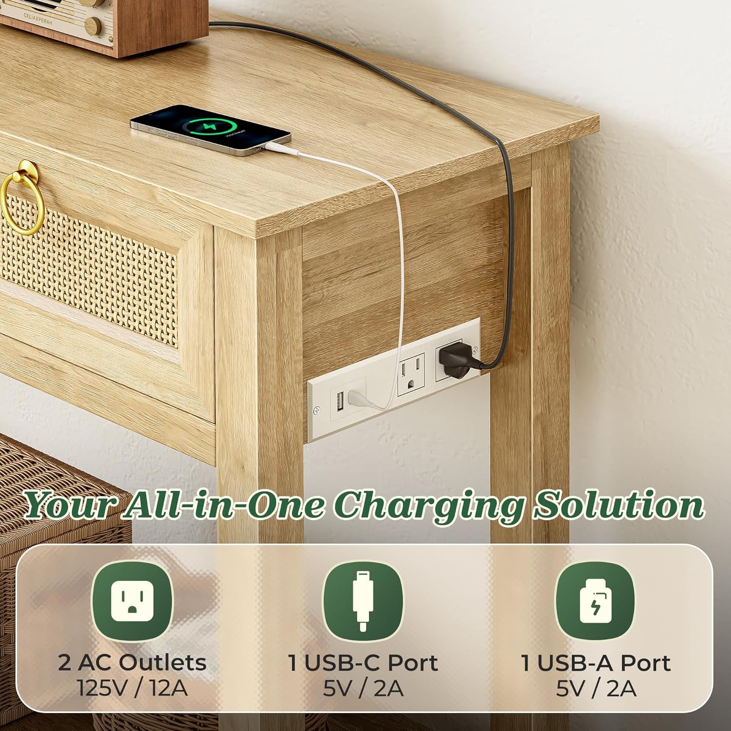 Rattan Console Sofa Table with Outlets and USB-C Port, 3 Drawer Entryway Table with Synthetic Rattan Surface, Open Shelf, behind Couch Entry Foyer Hallway Storage, Natural