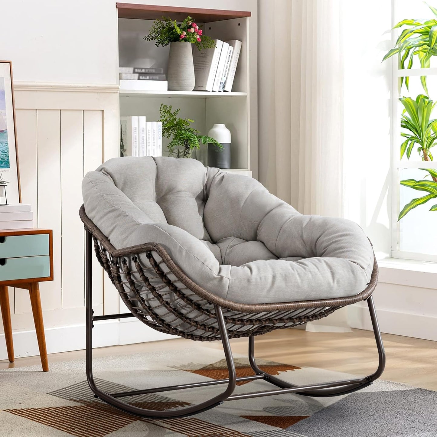 Large Indoor Outdoor Rocking Chair, Oversized Rocking Papasan Chair with Thick Cushion and Frame Outdoor Rocker, Comfy Wicker Egg Chairs Lounge for outside Porch Patio Backyard Balcony (Beige)