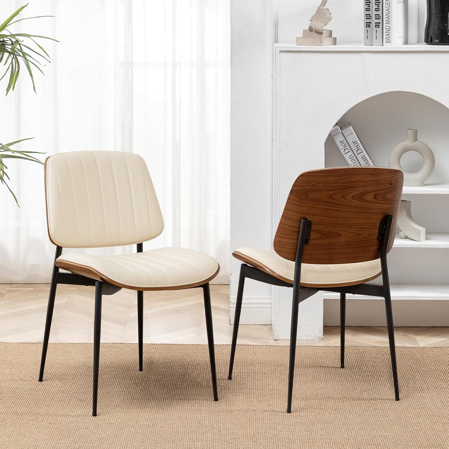 Dining Chairs Set of 2 Mid Century Modern Retro Faux Leather Chair with Walnut Bentwood Upholstered Seat Metal Legs Chairs,Adjustable Foot for Kitchen Dining Room Chairs(Green)