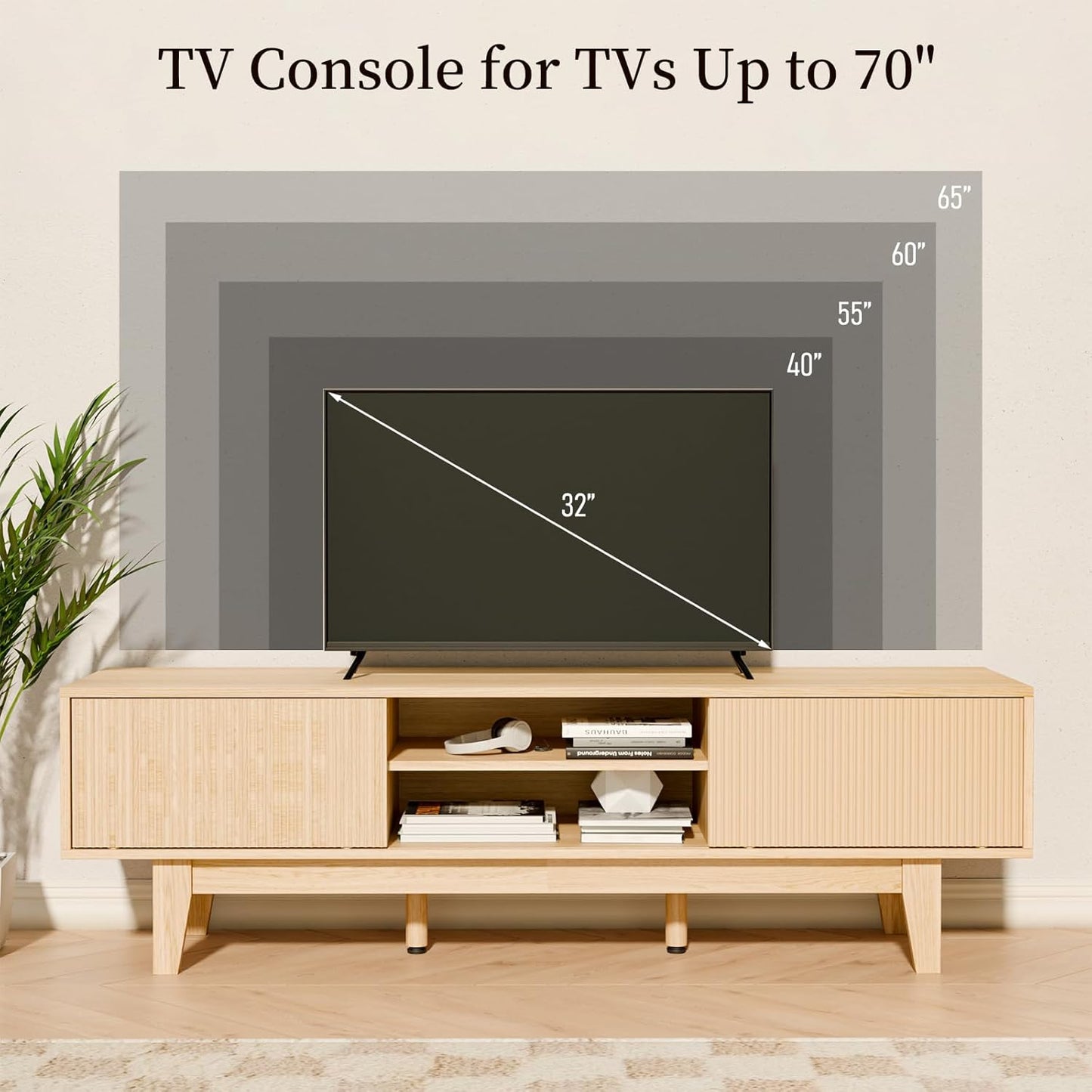 59" Mid-Century Modern TV Stand with Fluted Sliding Doors - Solid Wood Entertainment Center for 55/60/65 Inch TV, Adjustable Shelves, Boho Farmhouse Media Console for Living Room, Bedroom & Office.Oak