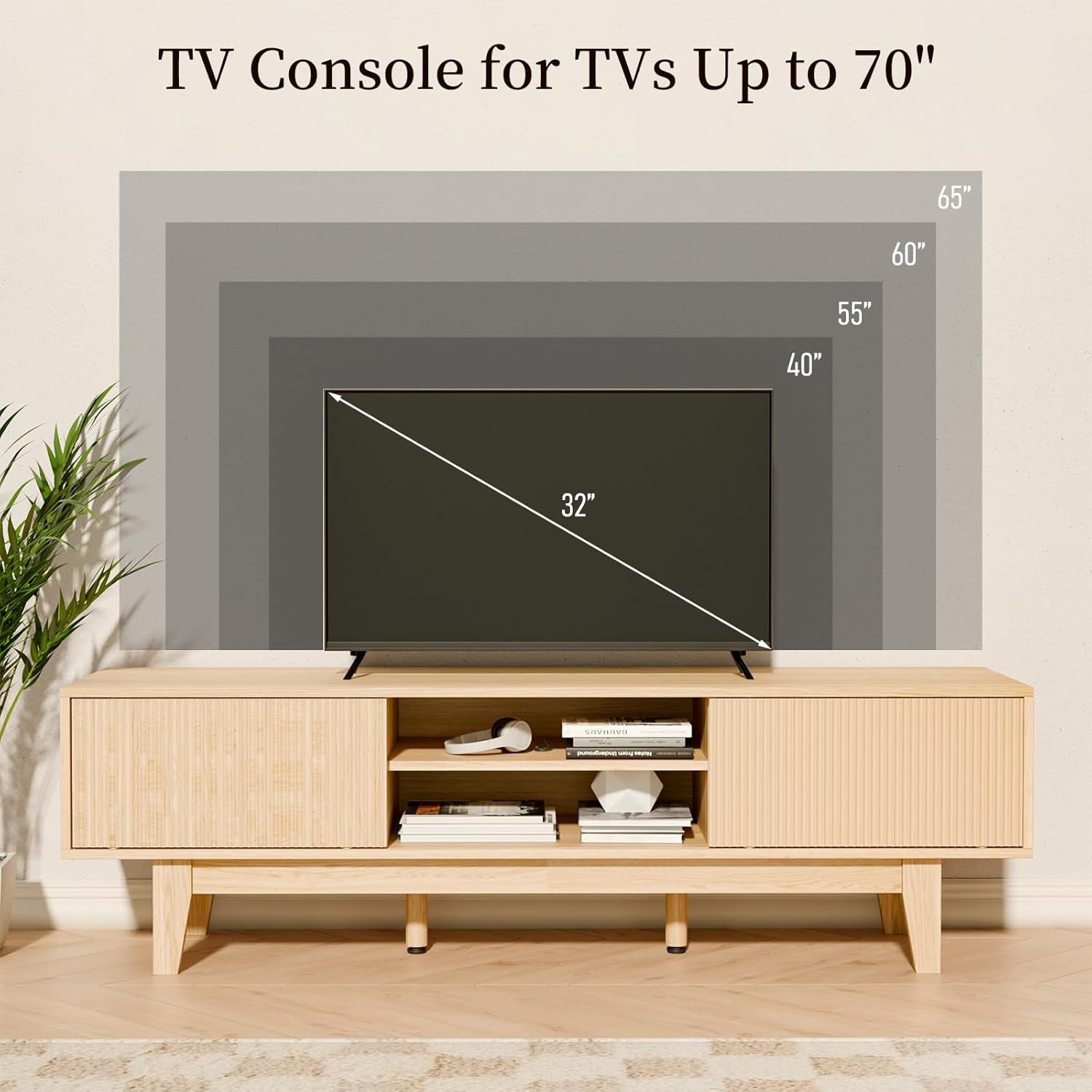 59" Mid-Century Modern TV Stand with Fluted Sliding Doors - Solid Wood Entertainment Center for 55/60/65 Inch TV, Adjustable Shelves, Boho Farmhouse Media Console for Living Room, Bedroom & Office.Oak