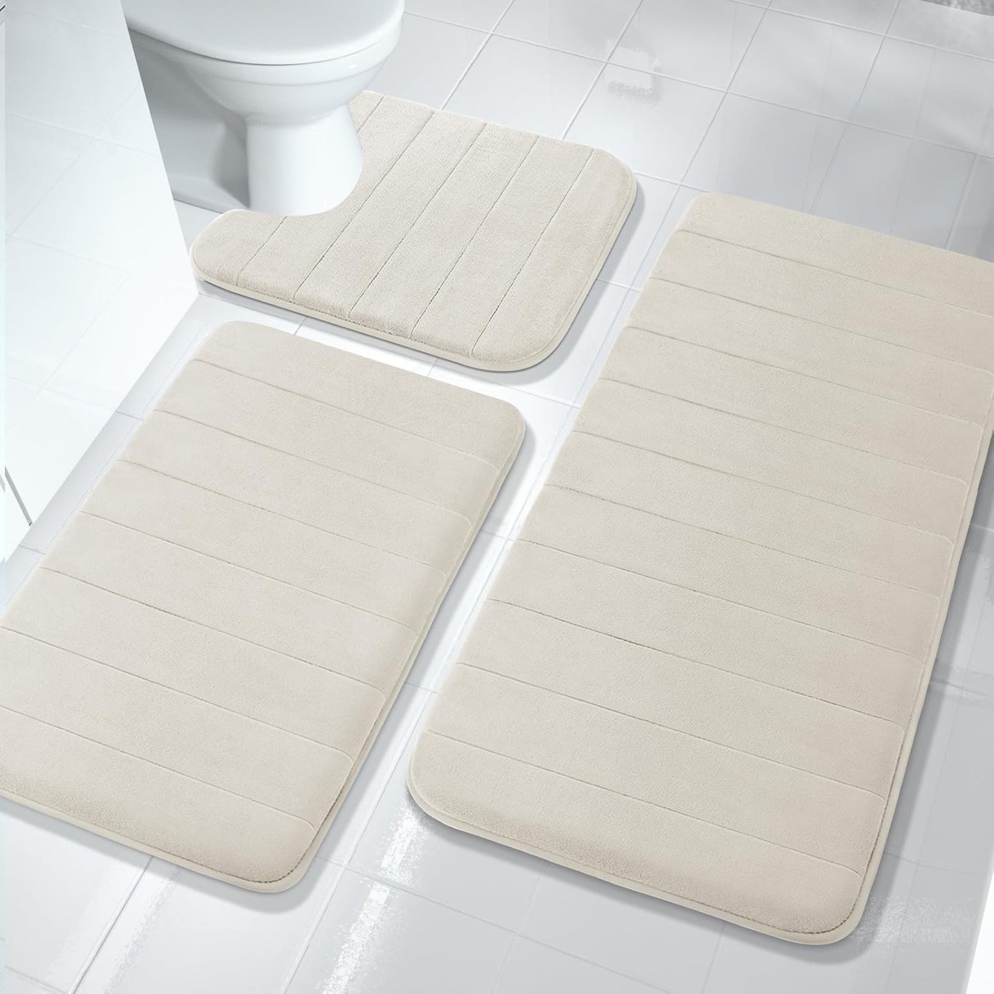 3 Pieces Memory Foam Bath Mat Set with U-Shaped Toilet Rug - Non Slip Super Soft Absorbent Quick Dry Bathroom Rugs for Bathtub, Vanity & Toilet Base, Beige