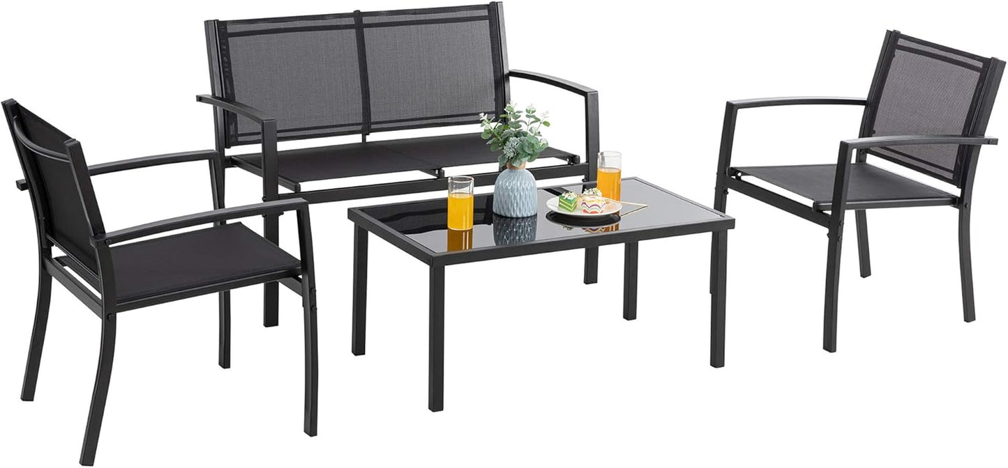 4 Pieces Patio Furniture Sets,Outdoor Patio Conversation Sets with Glass Coffee Table, Small Porch Balcony Furniture, Patio Table and Chairs Set for Garden, Backyard (Black)