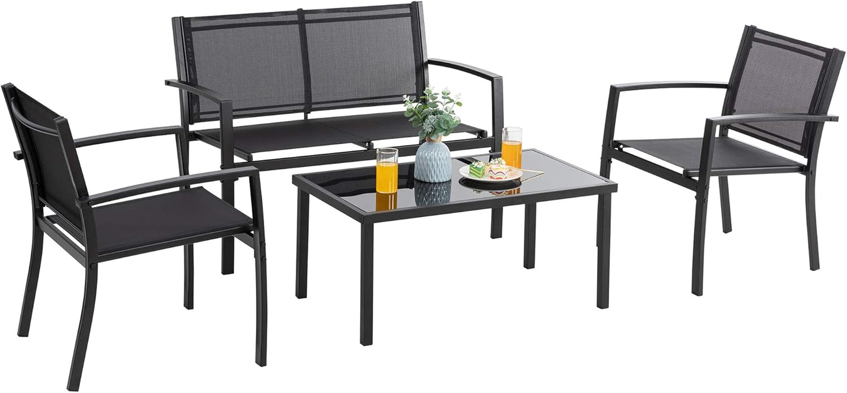 4 Pieces Patio Furniture Sets,Outdoor Patio Conversation Sets with Glass Coffee Table, Small Porch Balcony Furniture, Patio Table and Chairs Set for Garden, Backyard (Black)