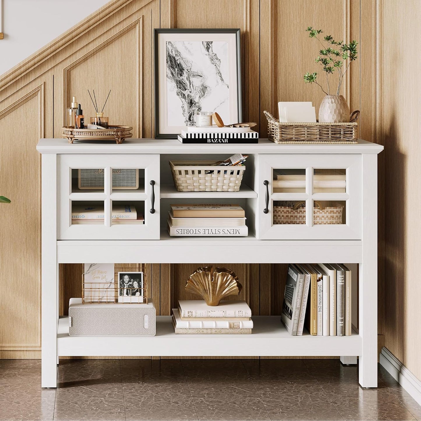 46“ Console Table with Sliding Glass Doors, Coffee Bar, Modern Entryway Table with Storage Shelf, Sofa Table behind Couch, Buffet Sideboard for Kitchen, Hallway, Living Room, White