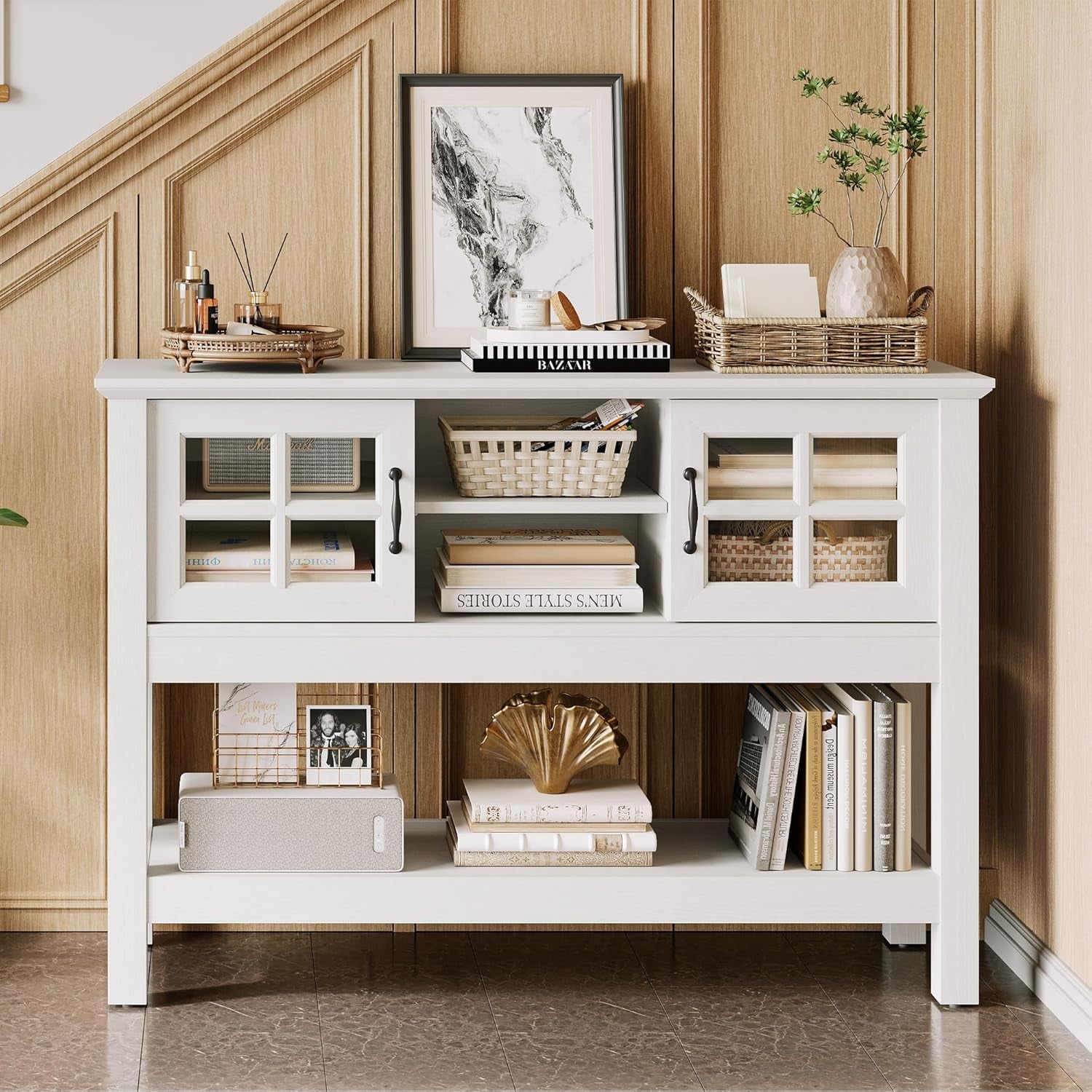 46“ Console Table with Sliding Glass Doors, Coffee Bar, Modern Entryway Table with Storage Shelf, Sofa Table behind Couch, Buffet Sideboard for Kitchen, Hallway, Living Room, White