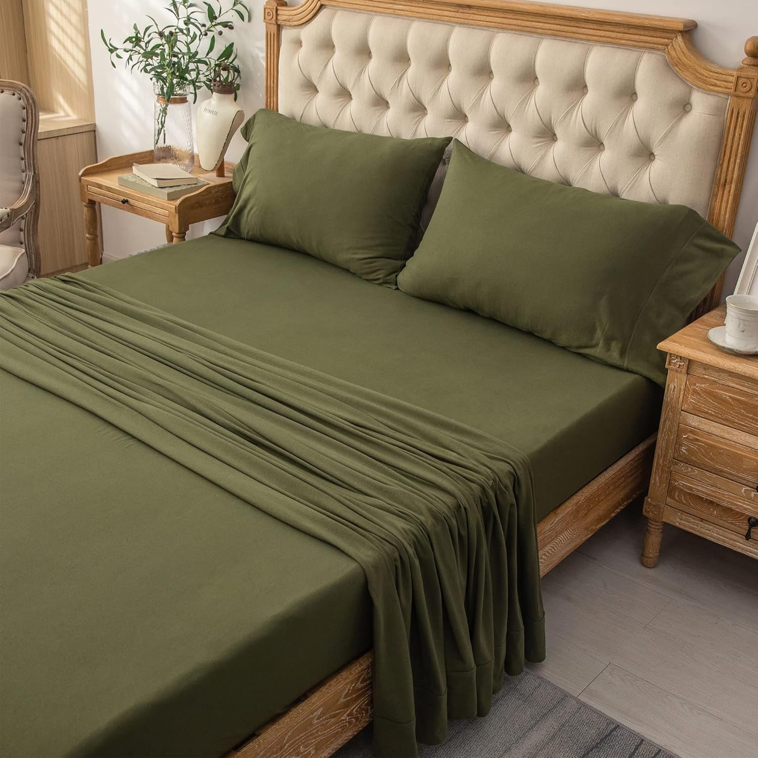 Jersey Knit 4Pc Bed Sheet Set 100% T-Shirt Heather Cotton Super Soft Comfy Breathable Fits Mattress up to 20" Extra Deep Pocket(Olive Green, King)