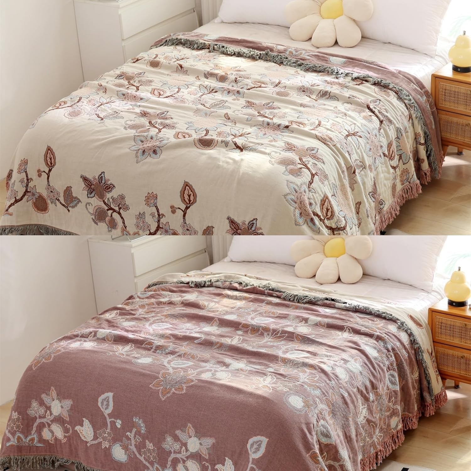 Boho Throw Blanket, 100% Cotton Ultra Soft Luxury Throw Rustic Quilt, Muslin Breathable Soft Bed Throw ，All Throw for Sofa Couch Chair 60×80 Inch (Purple Flower Branch, 60X80 Inch)