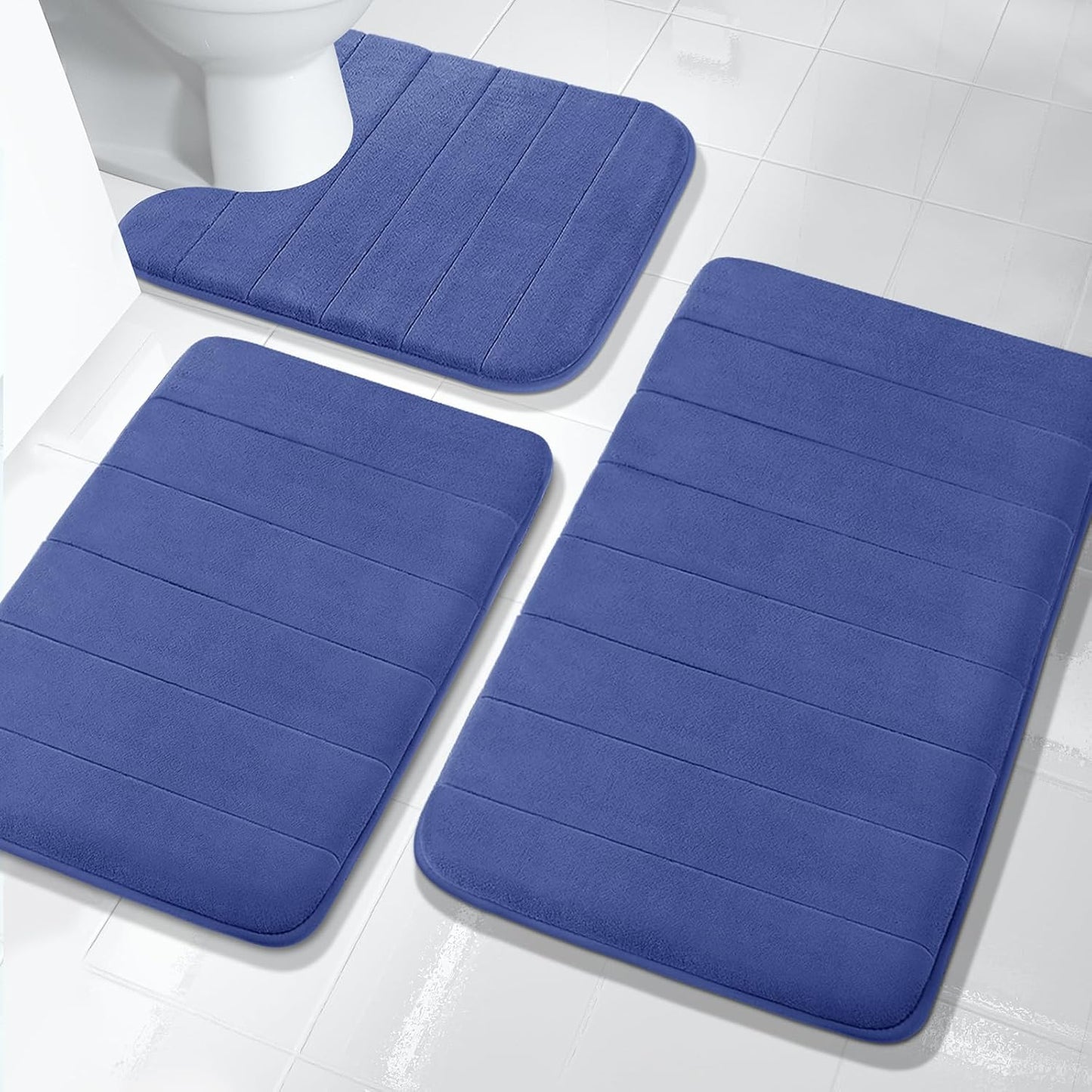 3 Pieces Memory Foam Bath Mat Set with U-Shaped Toilet Rug - Non Slip Super Soft Absorbent Quick Dry Bathroom Rugs for Bathtub, Vanity & Toilet Base, Beige