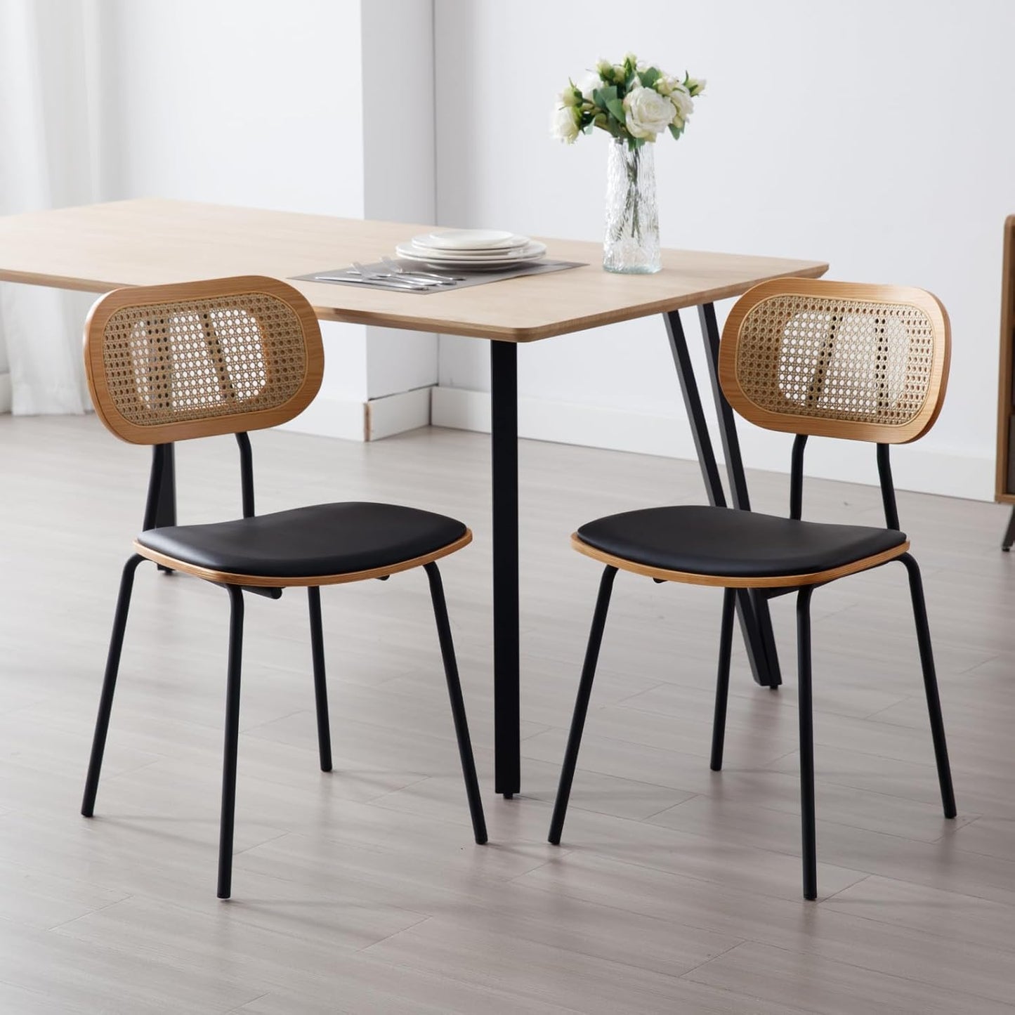 Dining Chairs Set of 2, Upholstered Faux Leather Rattan Dining Chairs with Backrest and Metal Legs, Armless Kitchen Rattan Chairs for Dining Room, White