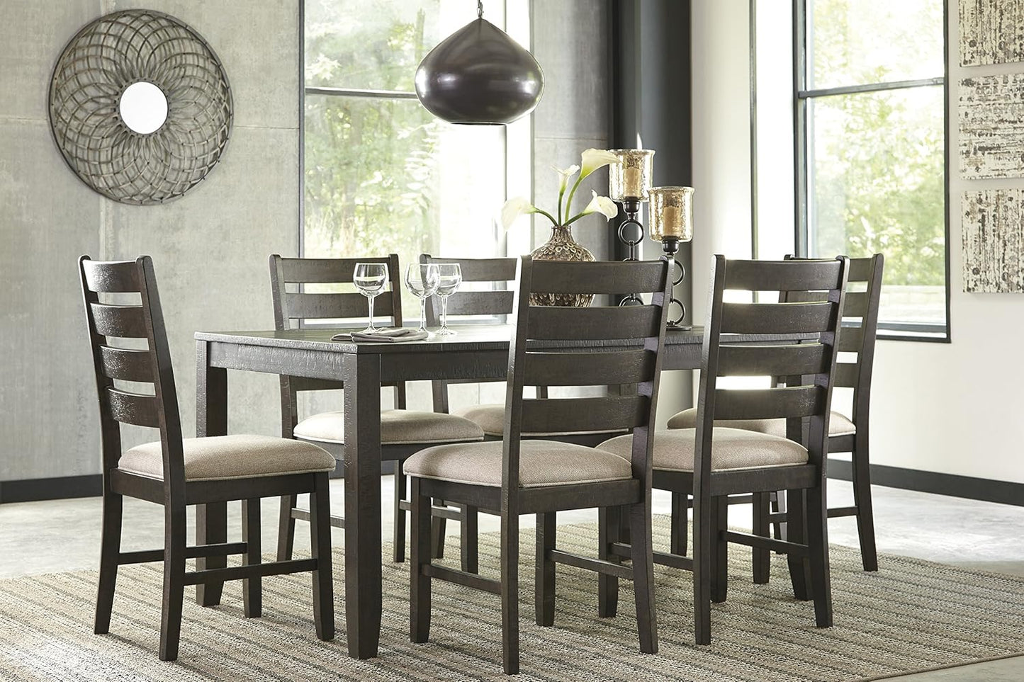 Rokane 20" Dining Room Table Set with 6 Upholstered Chairs, Brown