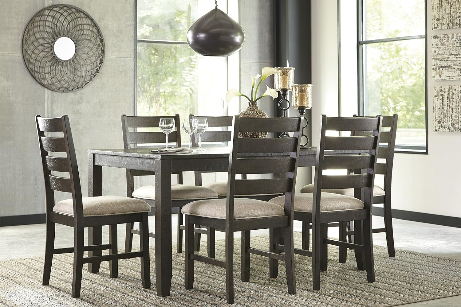 Rokane 20" Dining Room Table Set with 6 Upholstered Chairs, Brown