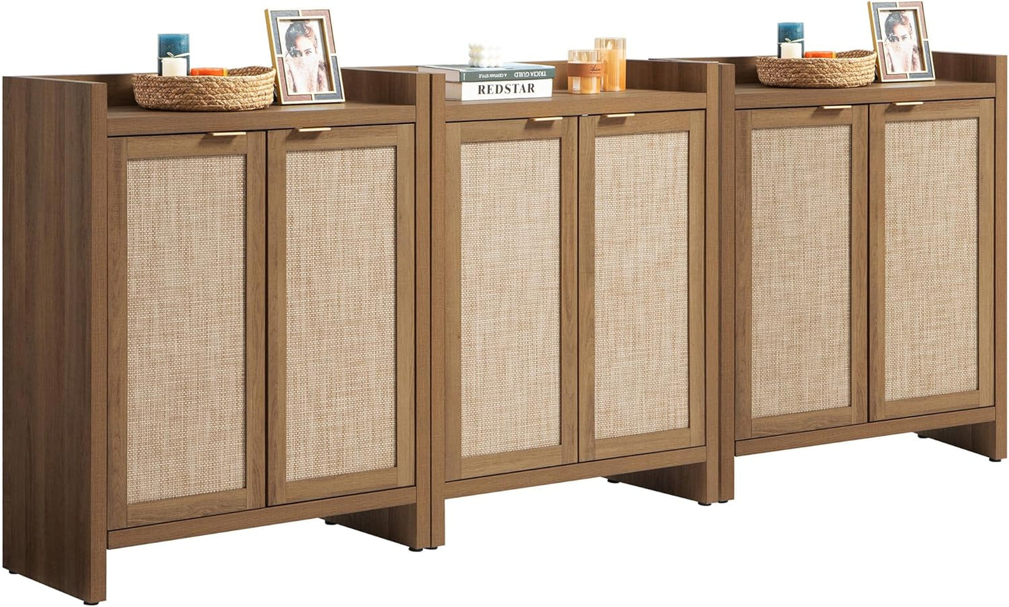 Shoe Cabinet, 24 Pair Shoe Storage Organizer Cabinet, 41" Tall Rattan Shoe Cabinet with Doors and Shelves, 6-Tier Farmhouse Boho Wooden Storage Cabinet for Entryway Hallway Closet