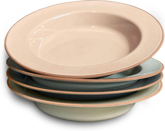 Mora Ceramic Wide Rimmed Soup Bowl 25Oz, Set of 4 - for Pasta, Italian, Spaghetti, Dipping Bread, Fancy Dinner Etc. Large Plate/Bowls Hybrid for Everyday & Restaurant Use, Flat Rim - Assorted Neutrals