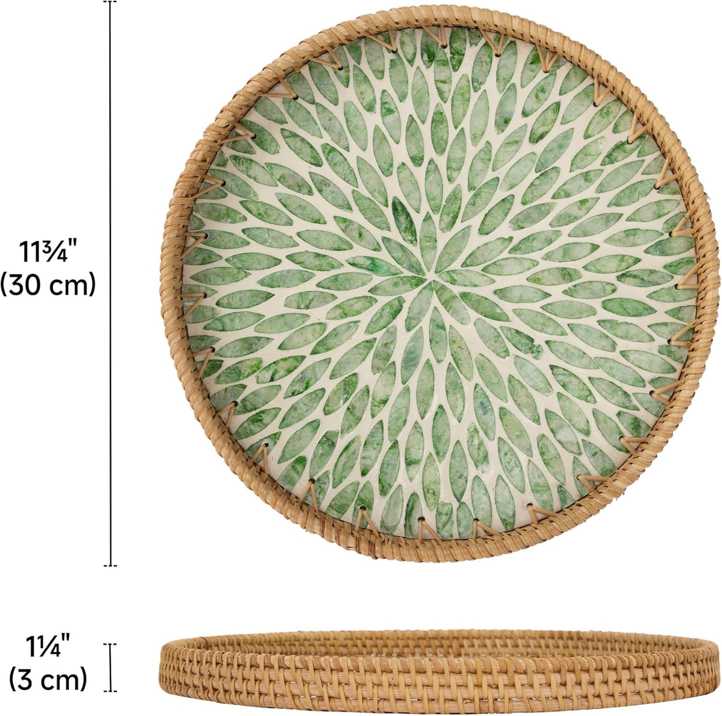 Decorative Coffee Table Trays for Home Decor, round Rattan Tray with Mother of Pearl Inlay, Small Wicker Woven Serving Tray Decor for Kitchen Counter, Living Room and Ottoman, Green