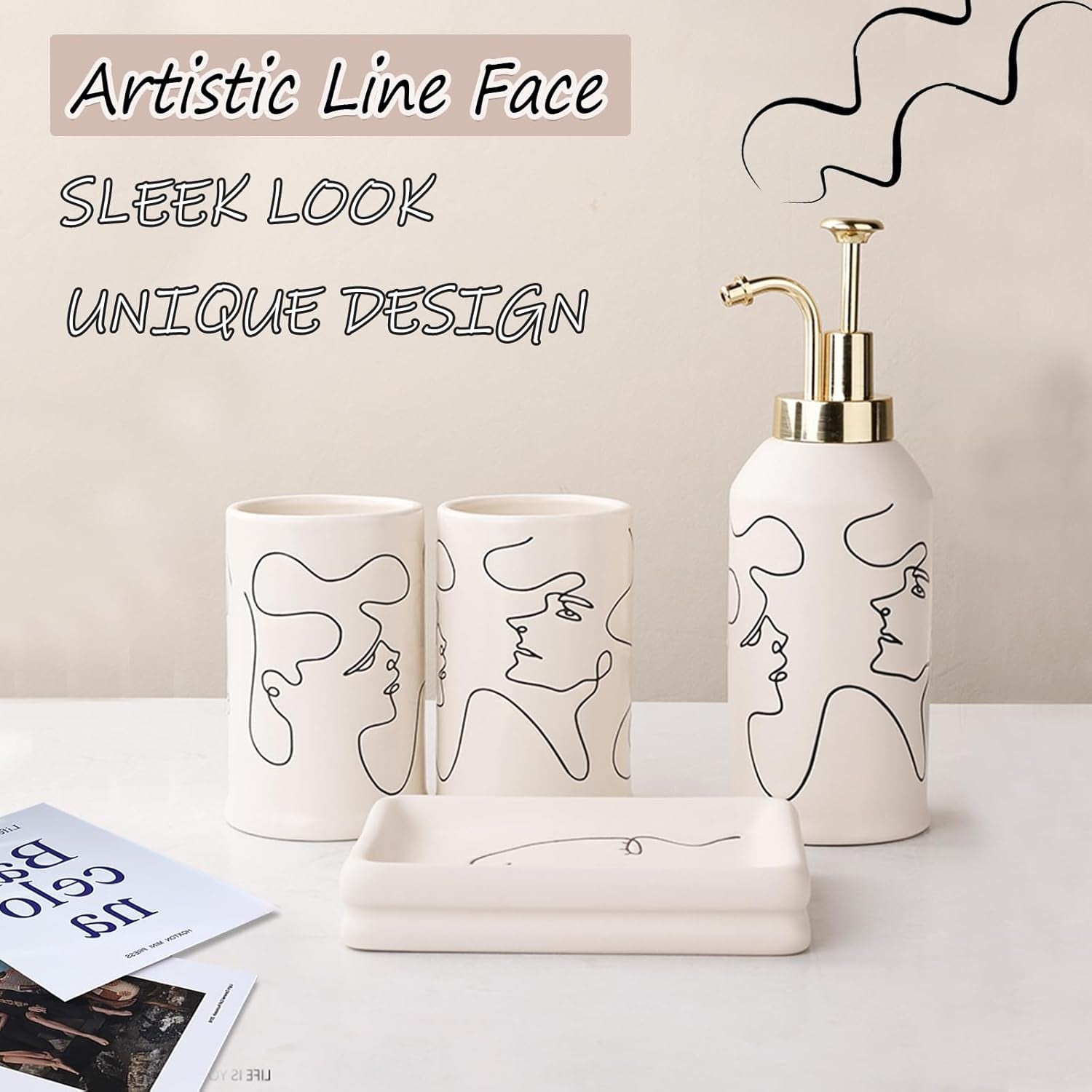 4 Piece Ceramic Bathroom Accessory Set, Artistic Line Face Bathroom Sets Accessories with Soap Dispenser, Toothbrush Holder, Tumbler, Soap Dish, Abstract Bathroom Set for Decor, off White