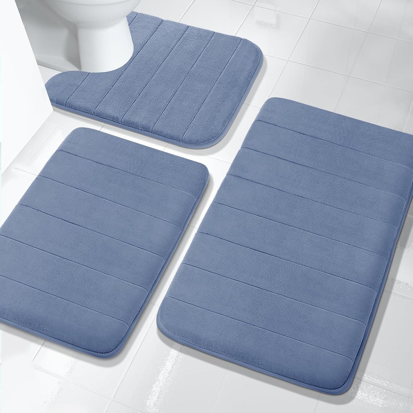 3 Pieces Memory Foam Bath Mat Set with U-Shaped Toilet Rug - Non Slip Super Soft Absorbent Quick Dry Bathroom Rugs for Bathtub, Vanity & Toilet Base, Beige