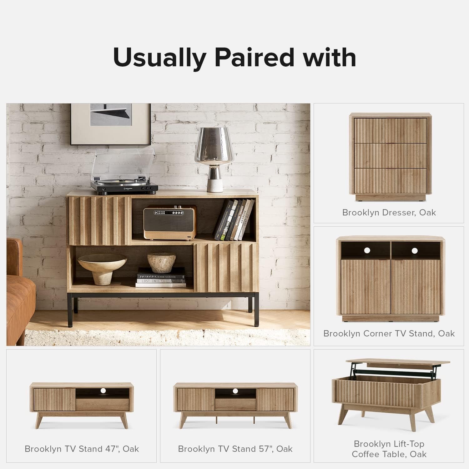 Norwin Storage Cabinet, Modern Rustic Industrial Buffet Sideboard, Accent Console Credenza, Fluted Panel Doors, Adjustable Shelves, Sturdy Metal Legs with Leveler (Oak Fluted Entryway, Single)